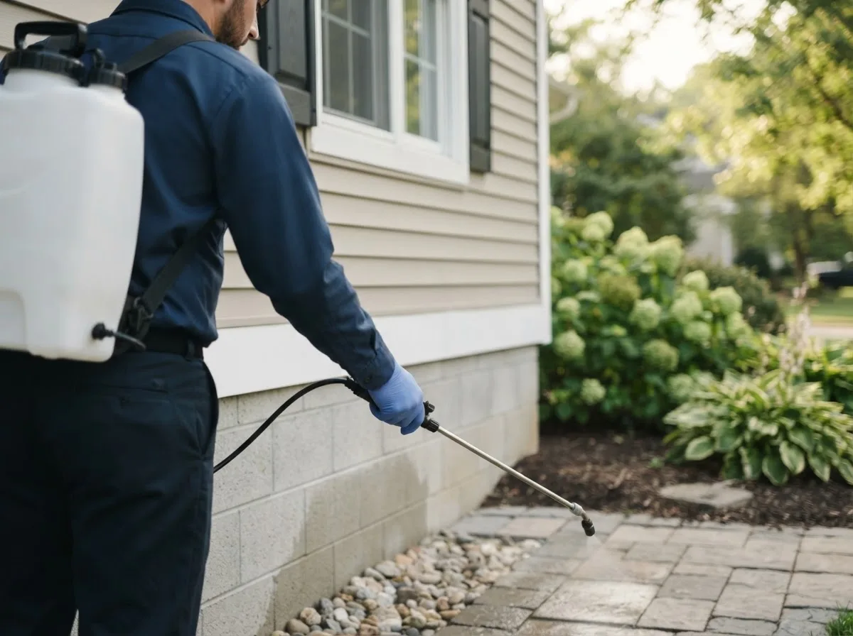 Pest control technician inspecting a home in Radom, IL